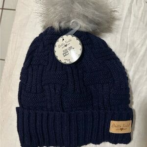 Britt’s Knitts Navy Knit Beanie with Gray Pom